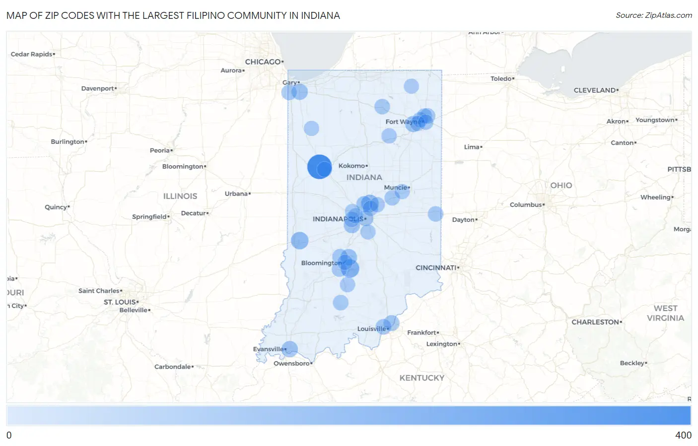 Zip Codes with the Largest Filipino Community in Indiana Map