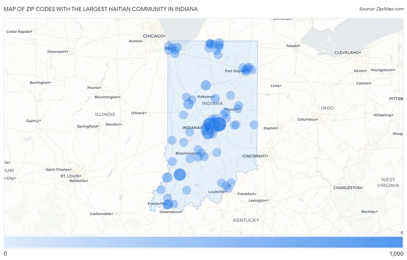 Zip Codes with the Largest Haitian Community in Indiana Map