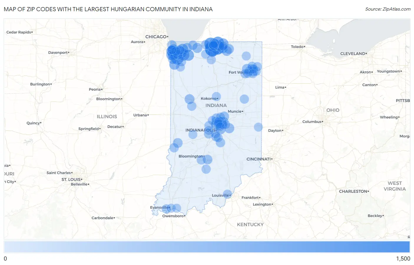 Zip Codes with the Largest Hungarian Community in Indiana Map