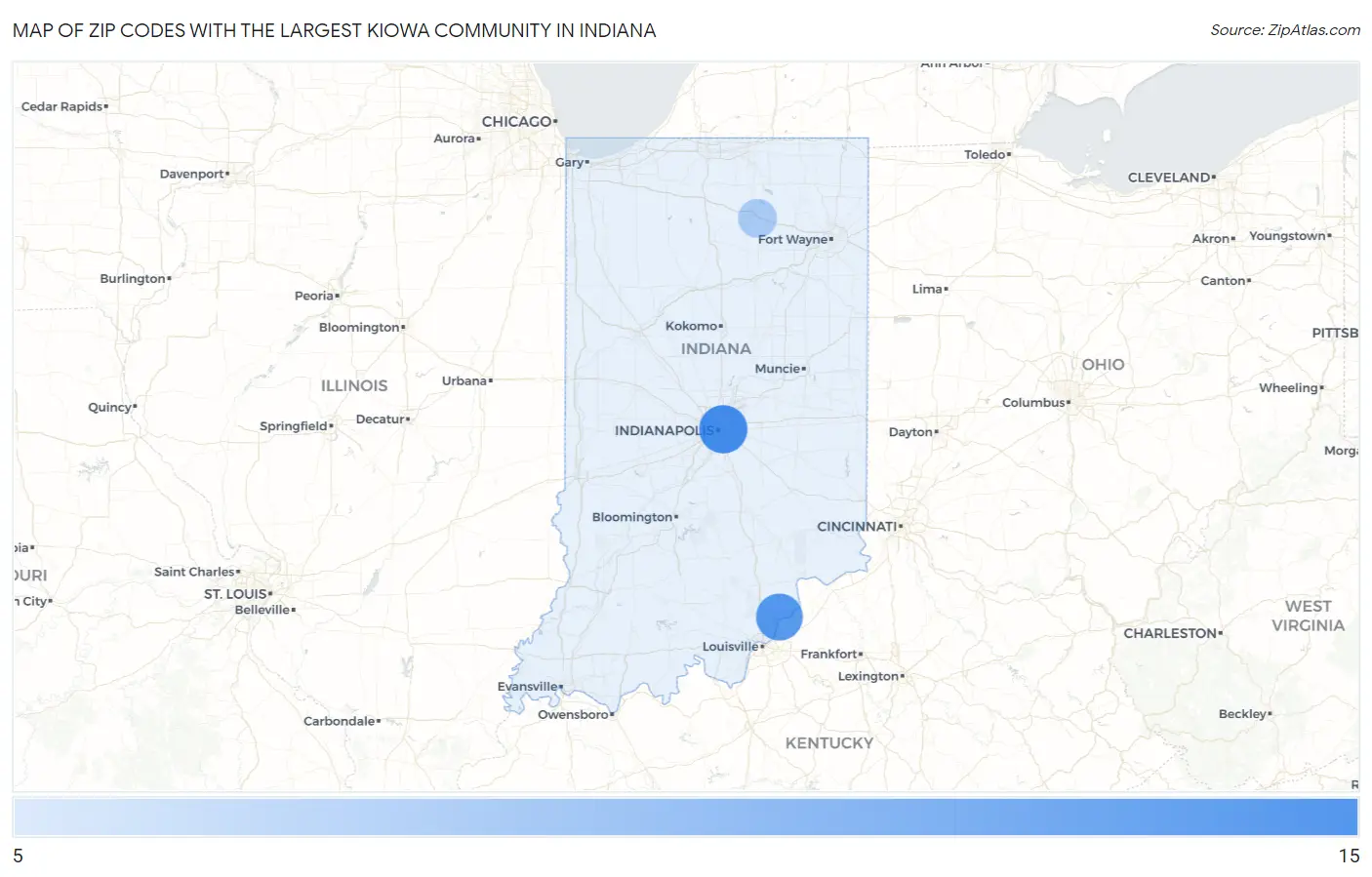 Zip Codes with the Largest Kiowa Community in Indiana Map