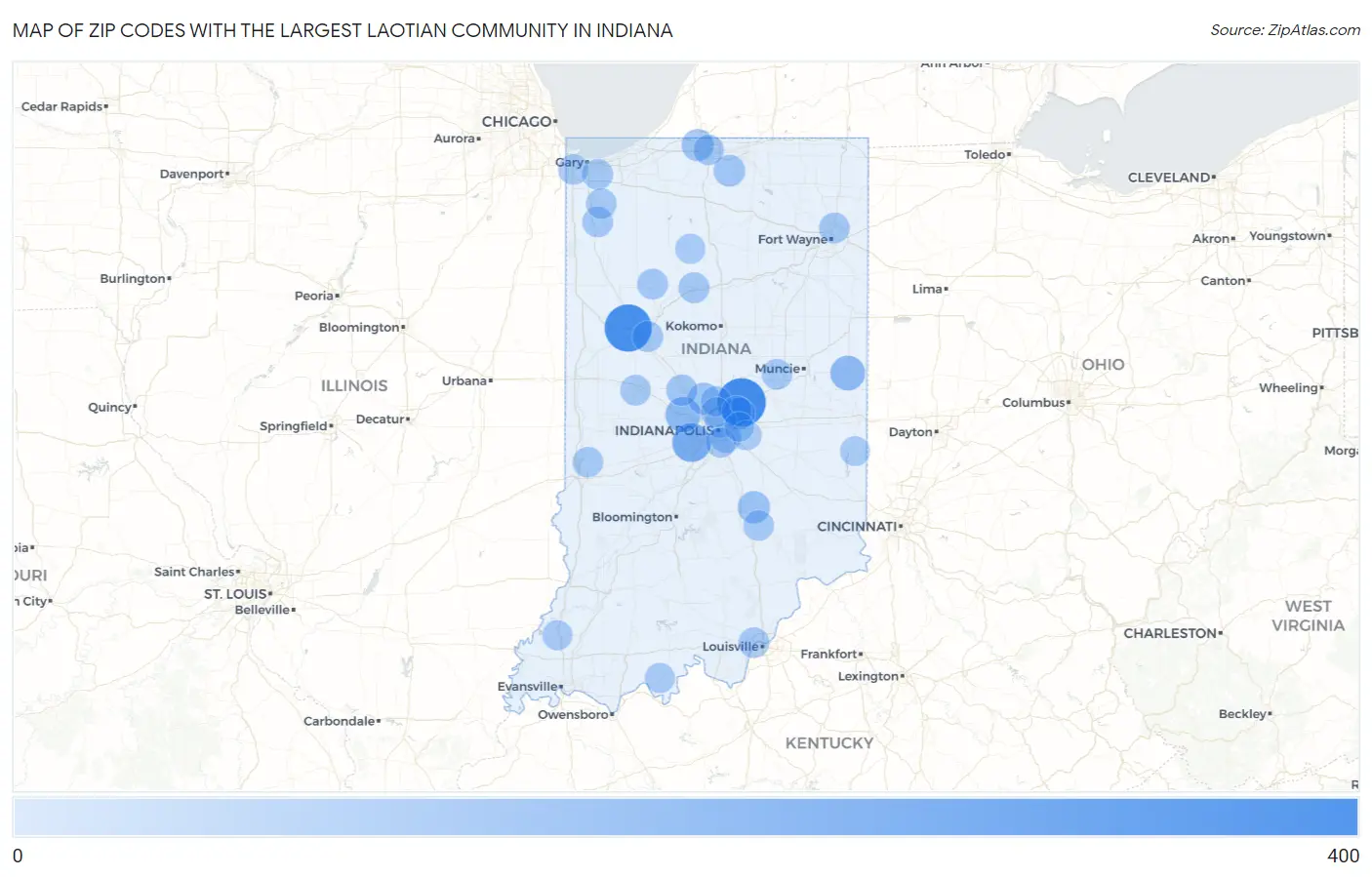 Zip Codes with the Largest Laotian Community in Indiana Map
