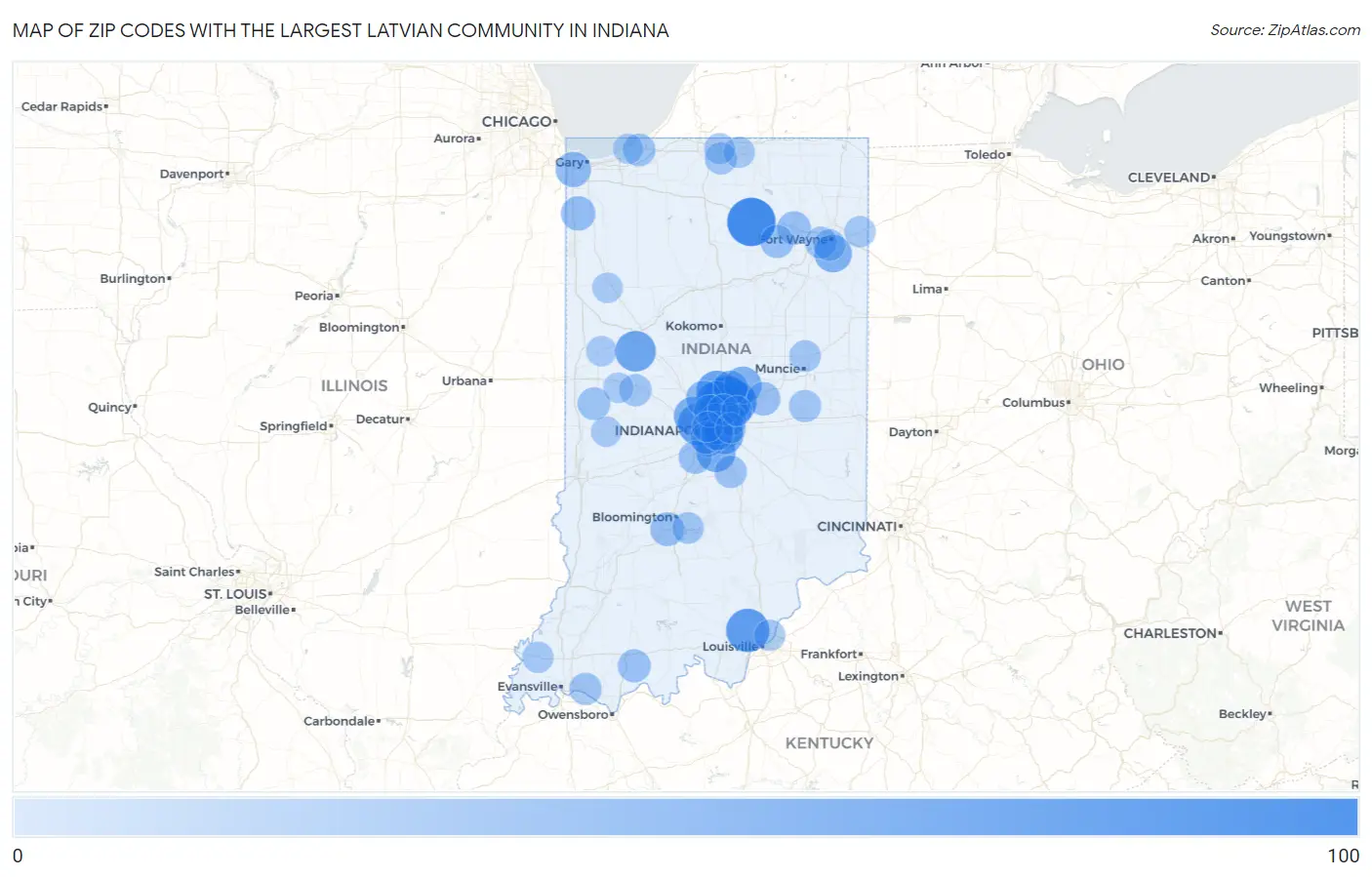 Zip Codes with the Largest Latvian Community in Indiana Map