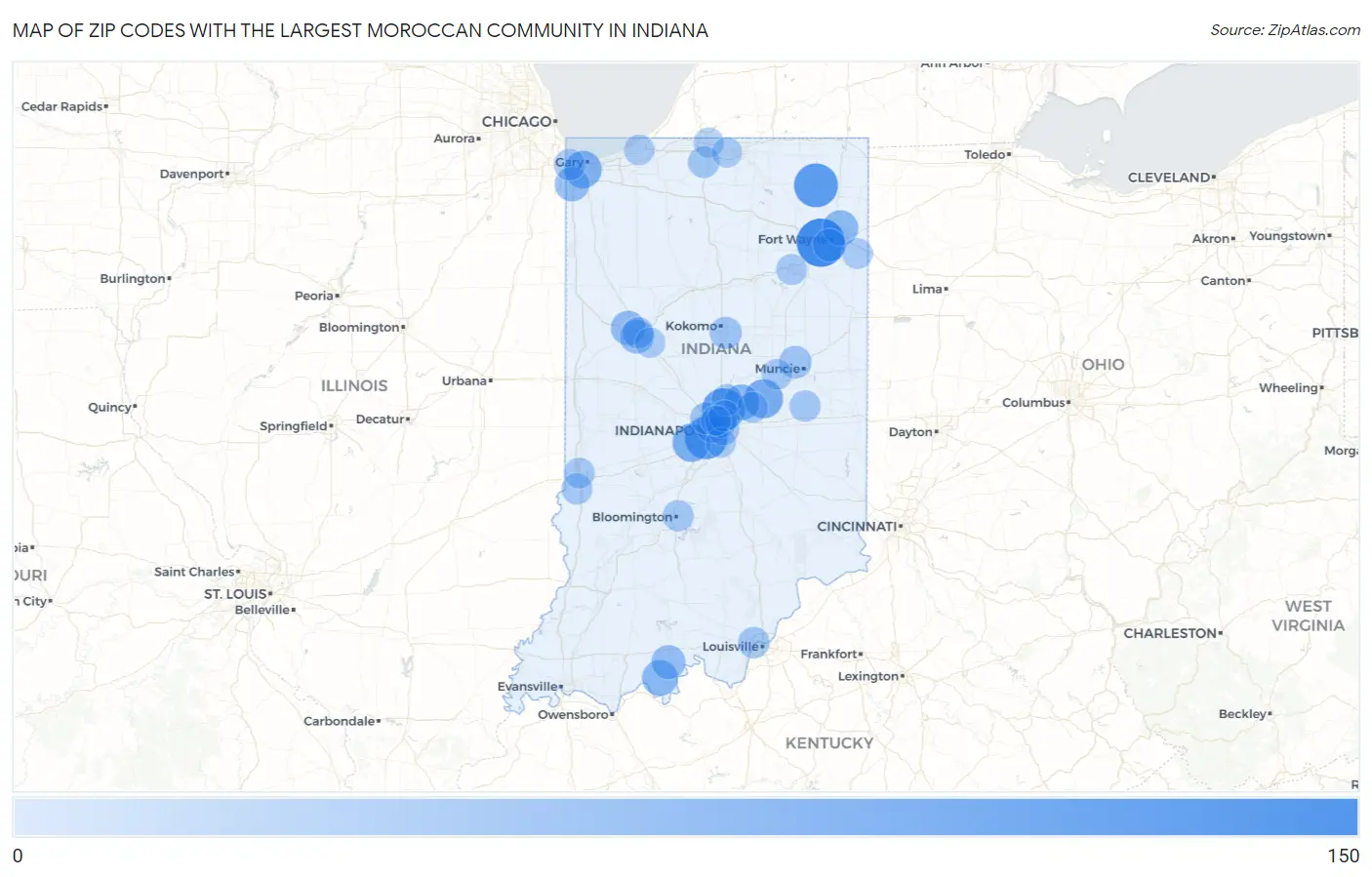 Zip Codes with the Largest Moroccan Community in Indiana Map