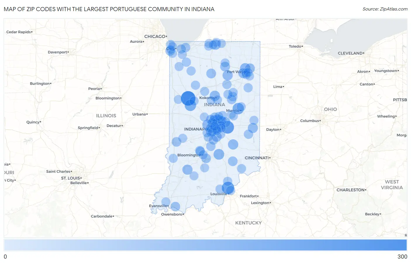 Zip Codes with the Largest Portuguese Community in Indiana Map
