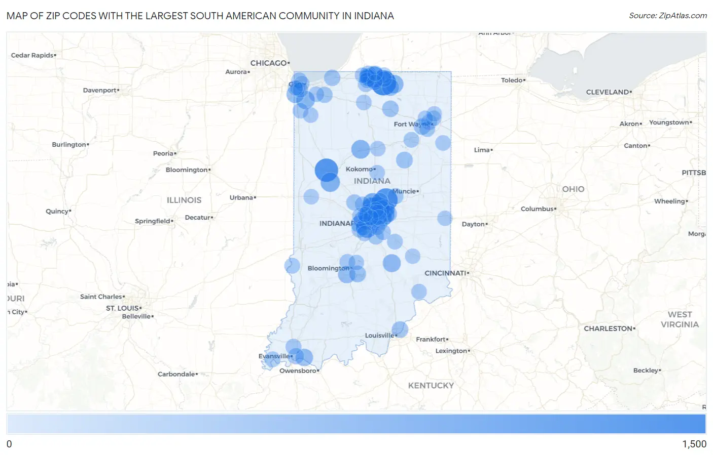 Zip Codes with the Largest South American Community in Indiana Map