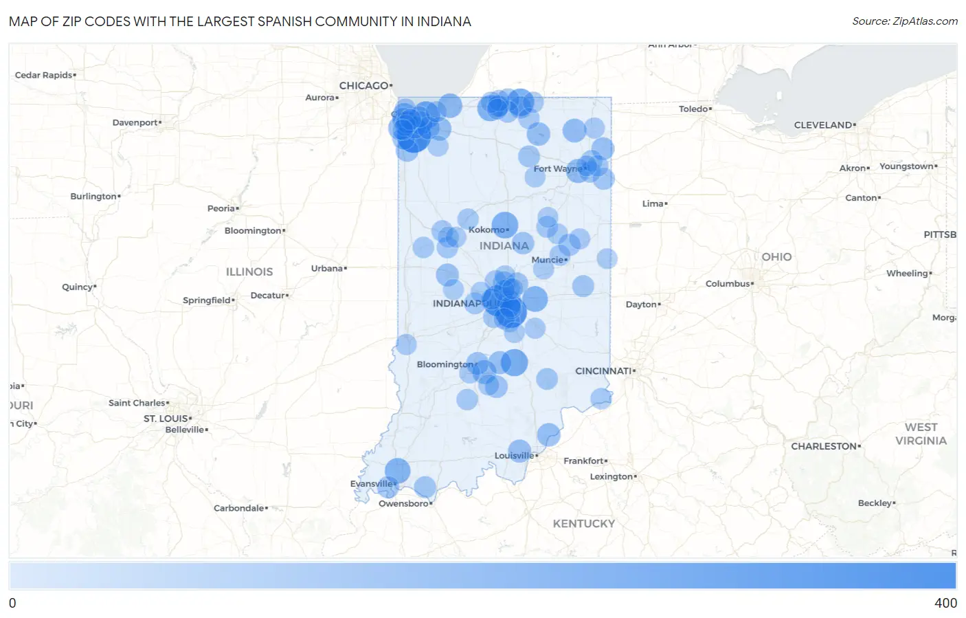 Zip Codes with the Largest Spanish Community in Indiana Map