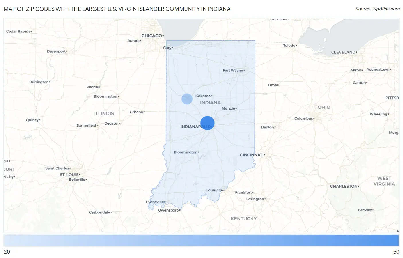 Zip Codes with the Largest U.S. Virgin Islander Community in Indiana Map