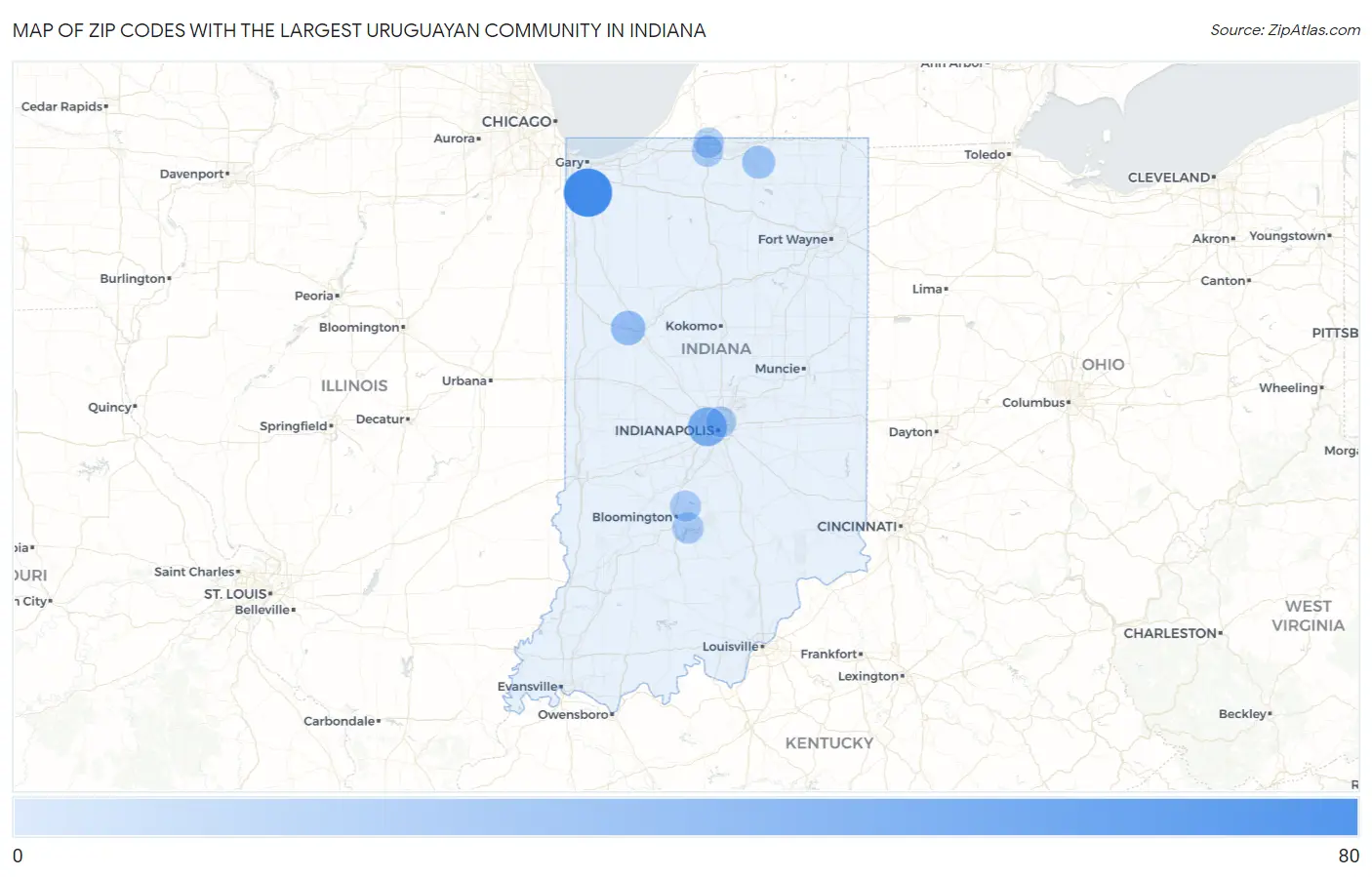 Zip Codes with the Largest Uruguayan Community in Indiana Map