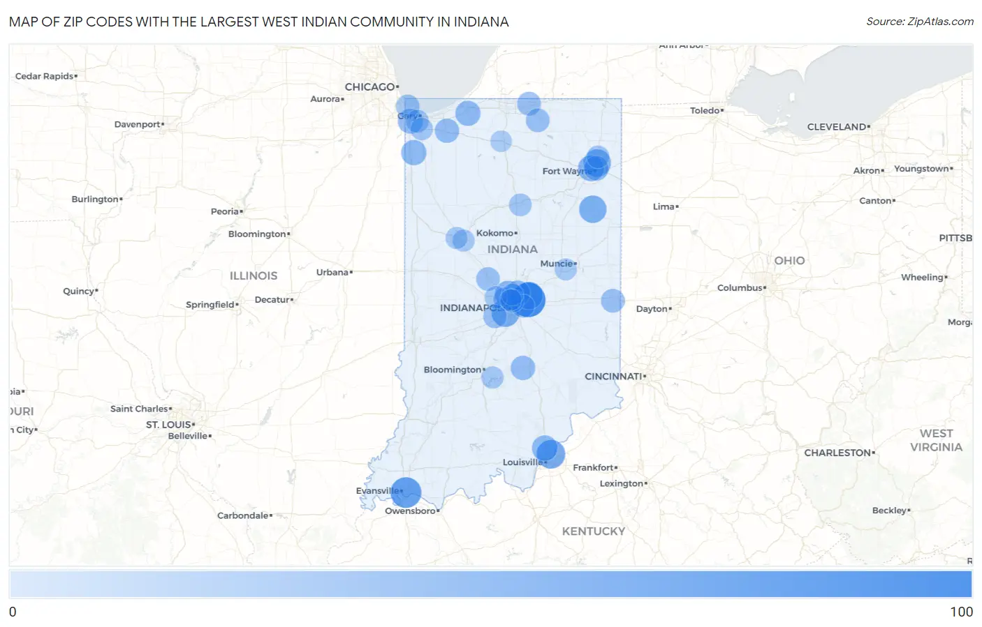 Zip Codes with the Largest West Indian Community in Indiana Map