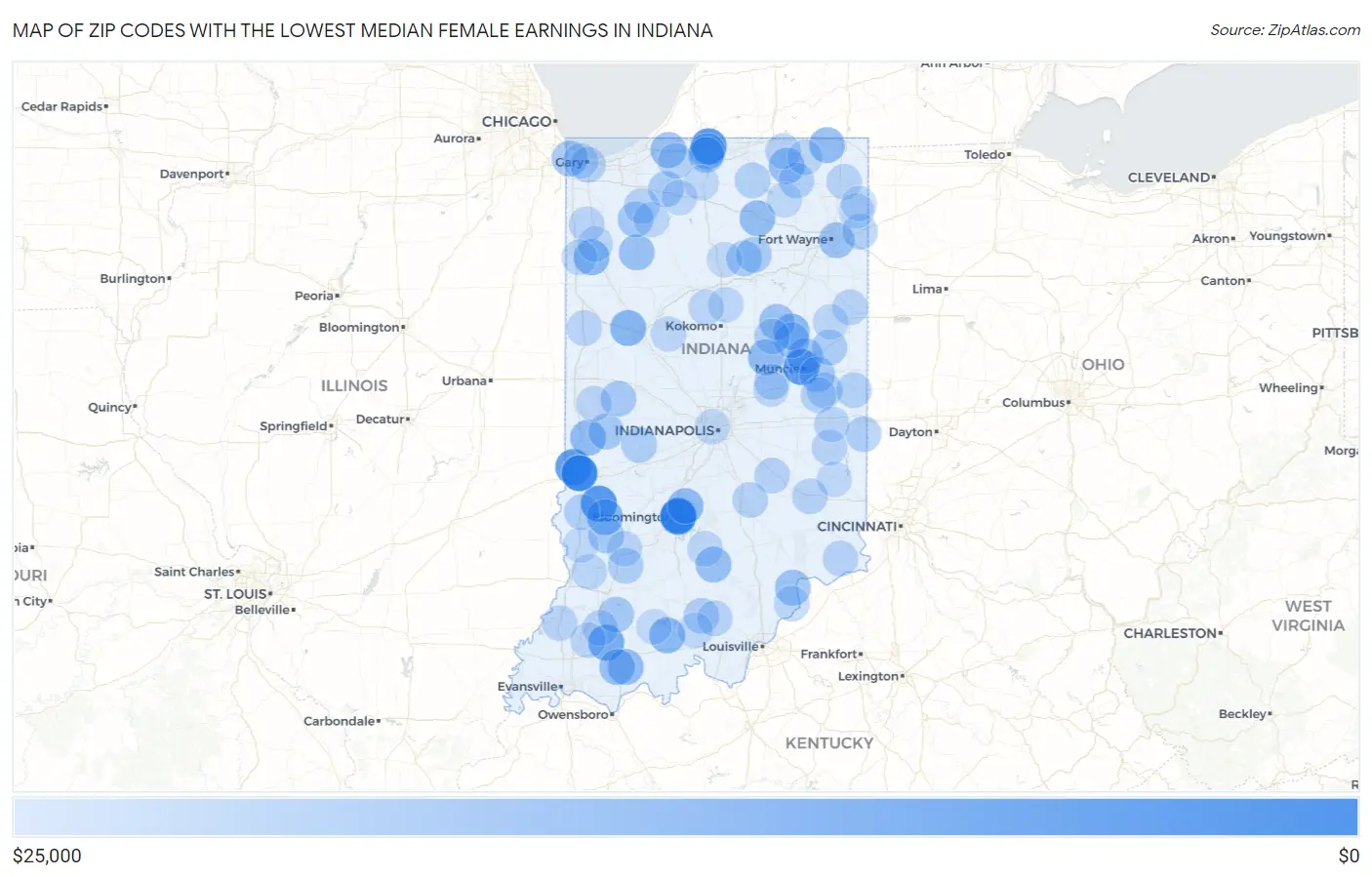 Zip Codes with the Lowest Median Female Earnings in Indiana Map