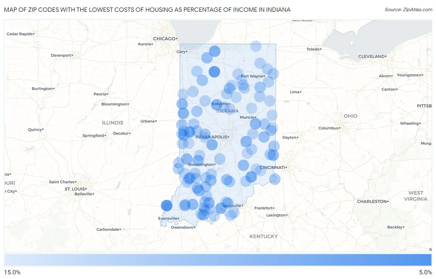 Zip Codes with the Lowest Costs of Housing as Percentage of Income in Indiana Map