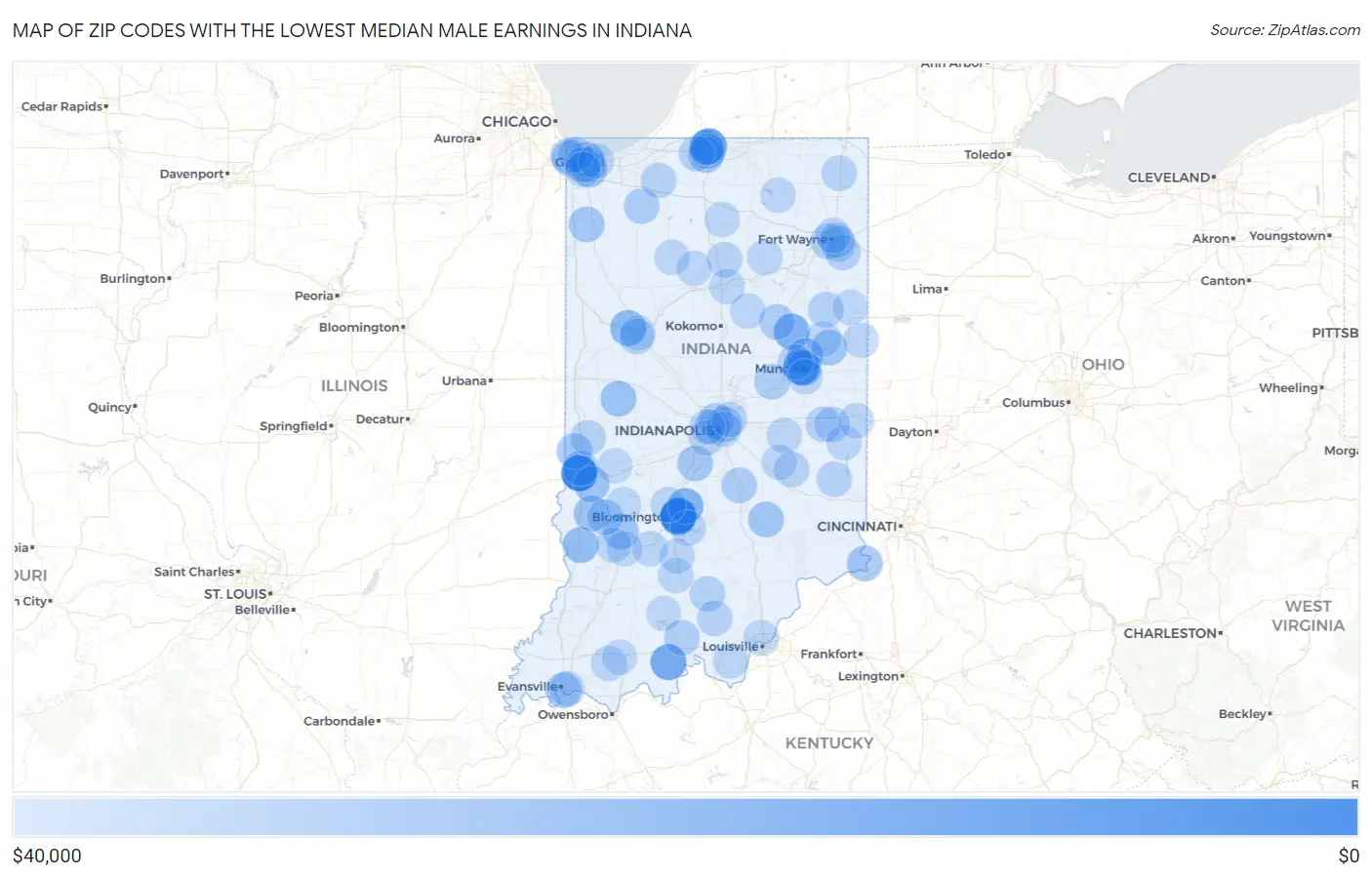 Zip Codes with the Lowest Median Male Earnings in Indiana Map