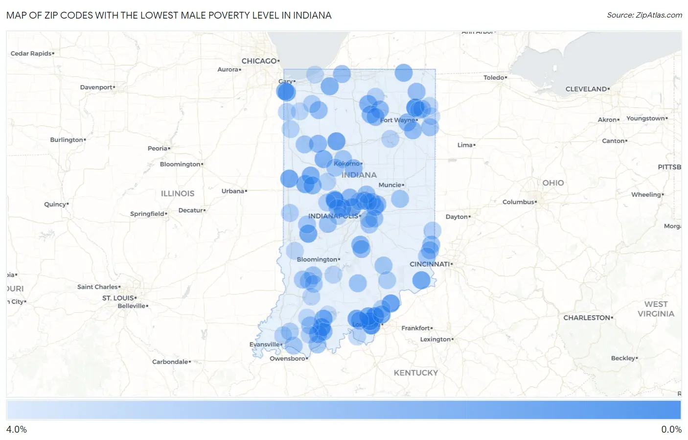 Zip Codes with the Lowest Male Poverty Level in Indiana Map