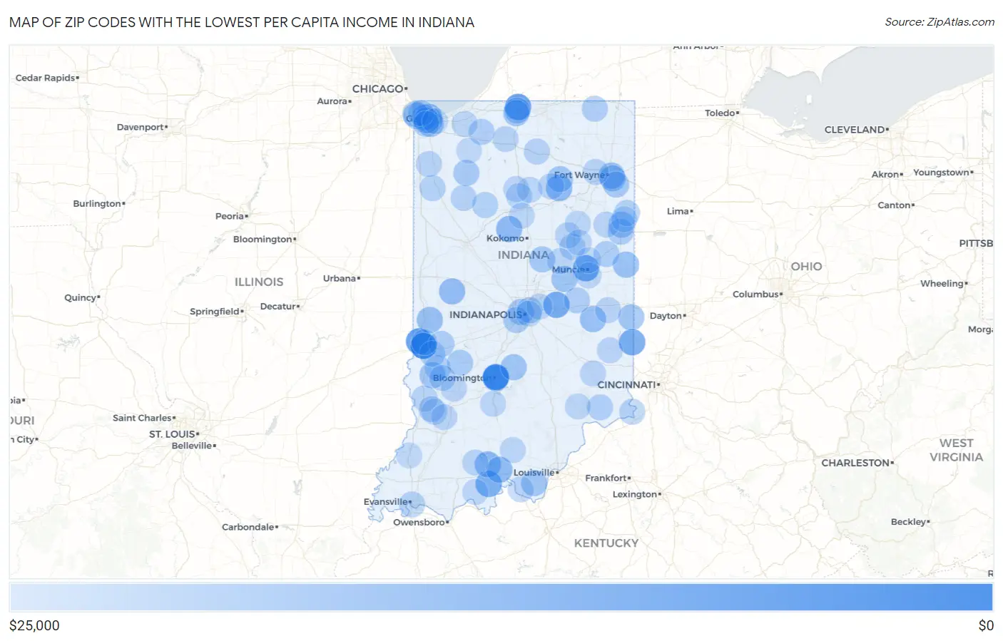 Zip Codes with the Lowest Per Capita Income in Indiana Map