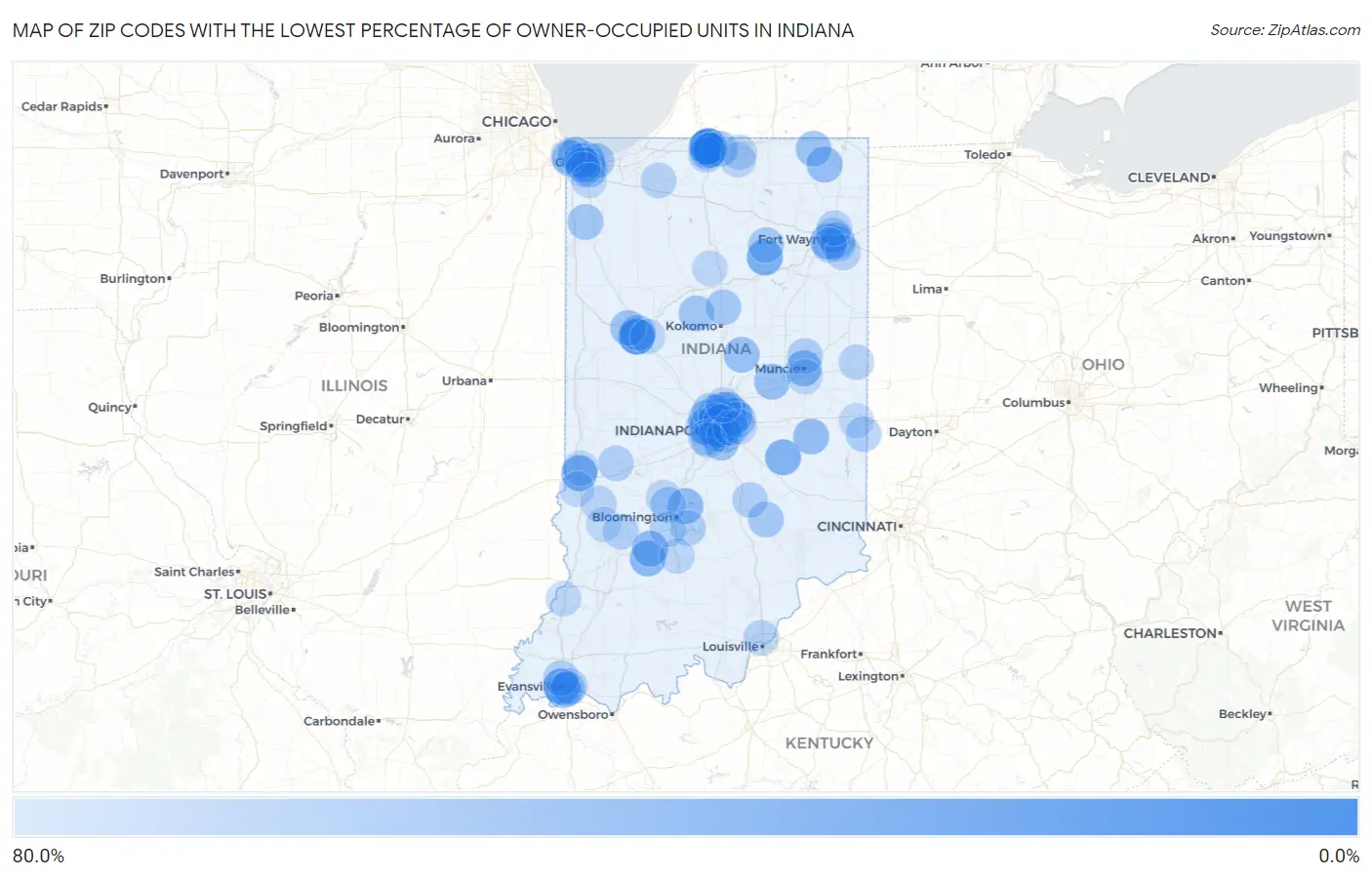 Zip Codes with the Lowest Percentage of Owner-Occupied Units in Indiana Map