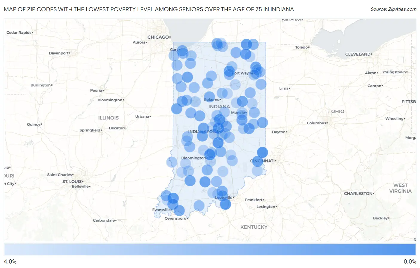 Zip Codes with the Lowest Poverty Level Among Seniors Over the Age of 75 in Indiana Map