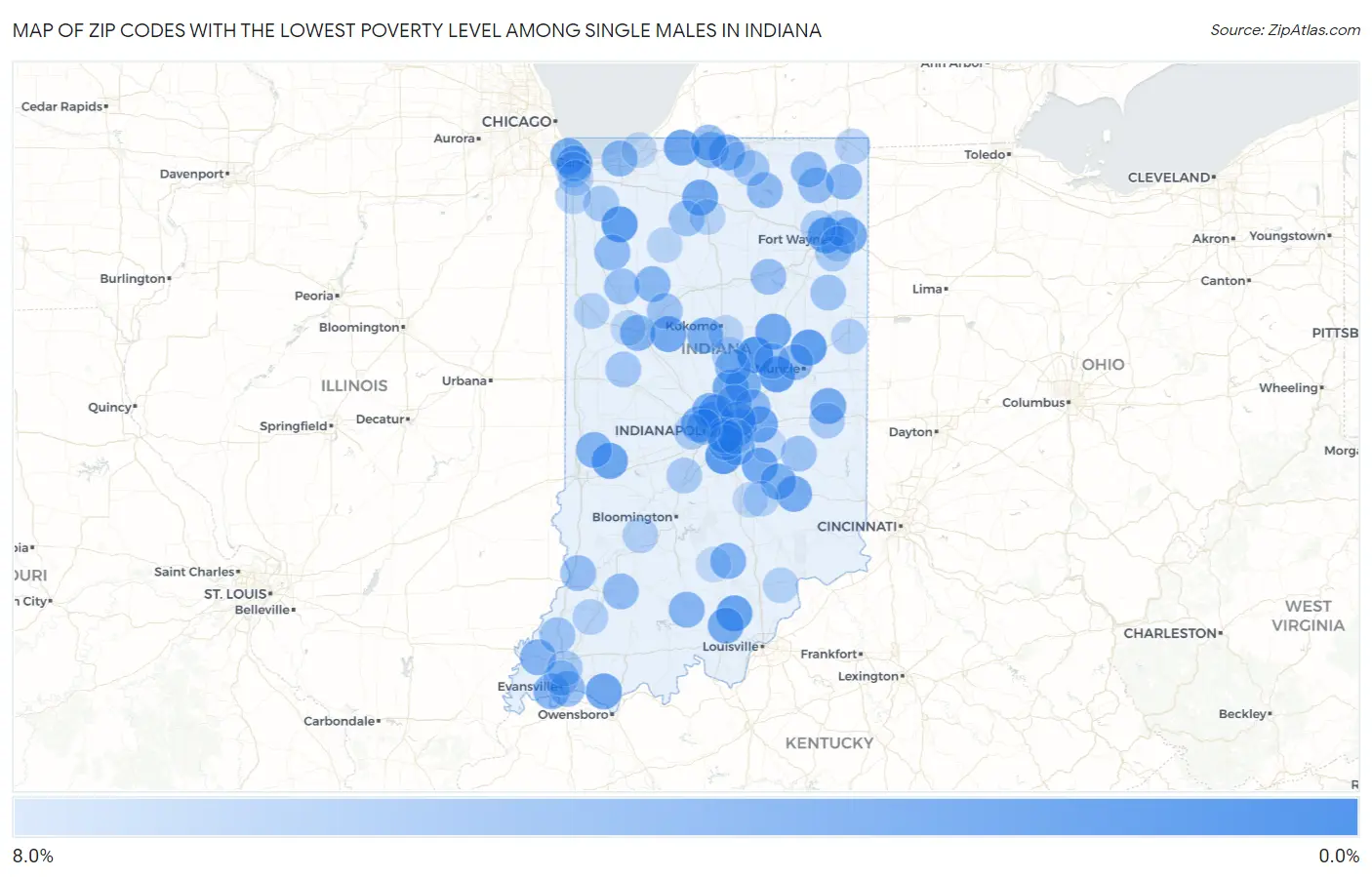 Zip Codes with the Lowest Poverty Level Among Single Males in Indiana Map