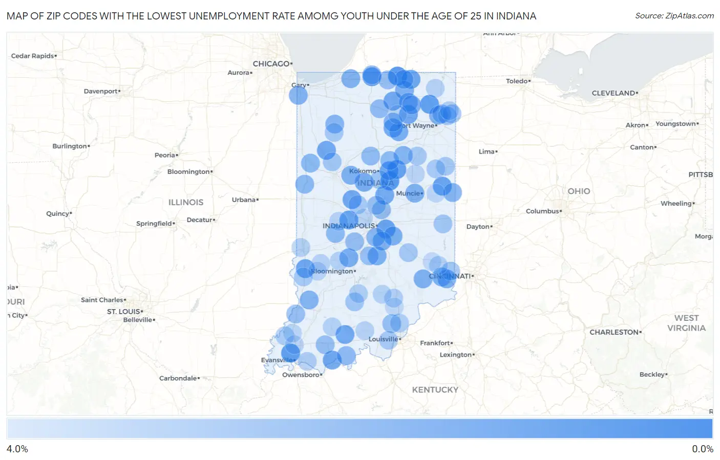 Zip Codes with the Lowest Unemployment Rate Amomg Youth Under the Age of 25 in Indiana Map