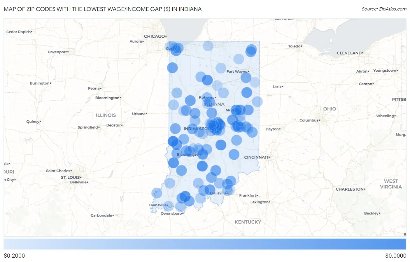 Zip Codes with the Lowest Wage/Income Gap ($) in Indiana Map