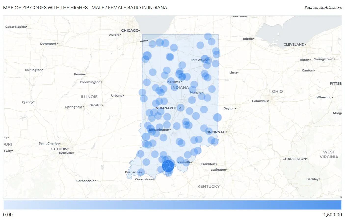Zip Codes with the Highest Male / Female Ratio in Indiana Map
