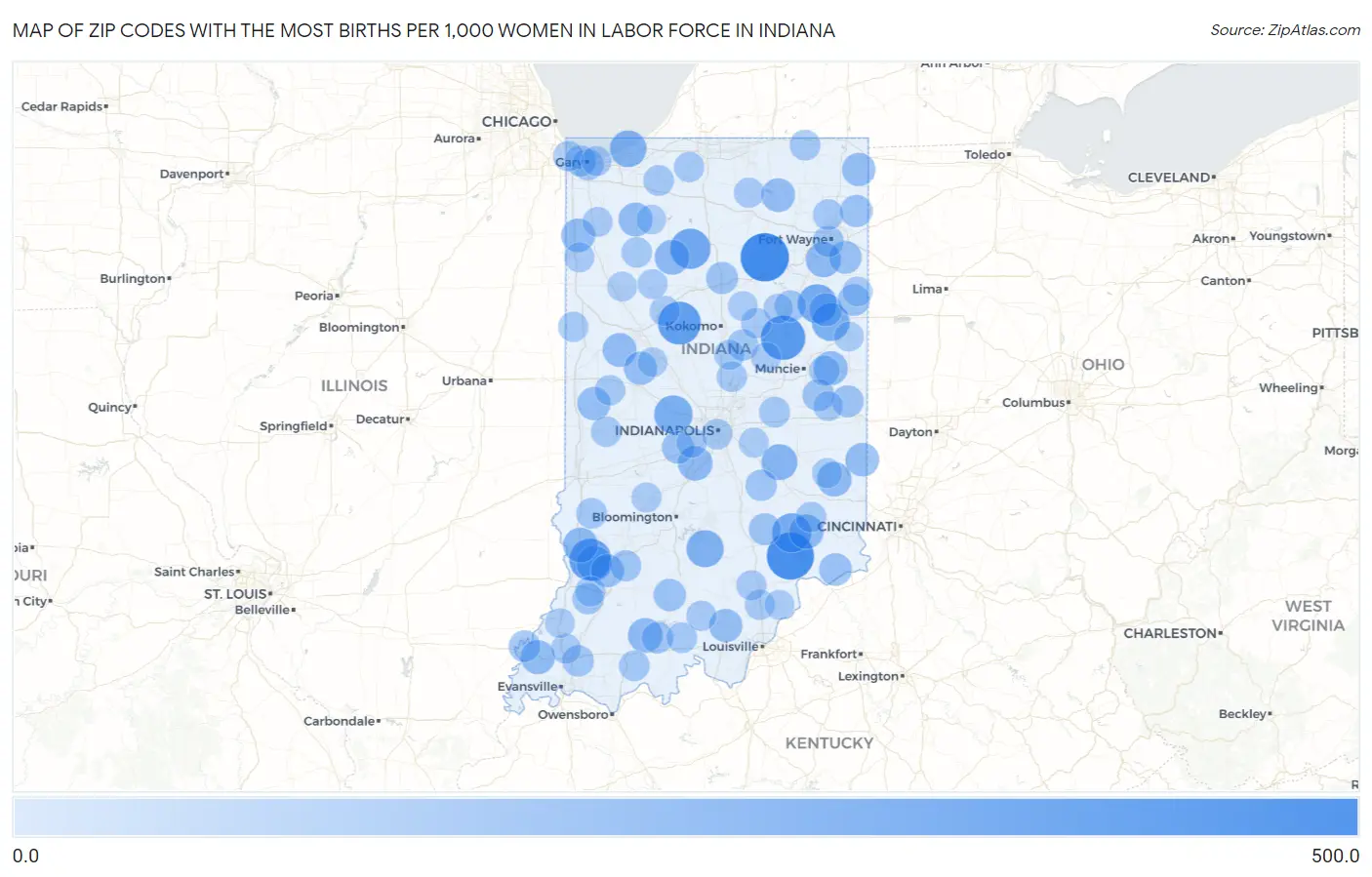 Zip Codes with the Most Births per 1,000 Women in Labor Force in Indiana Map