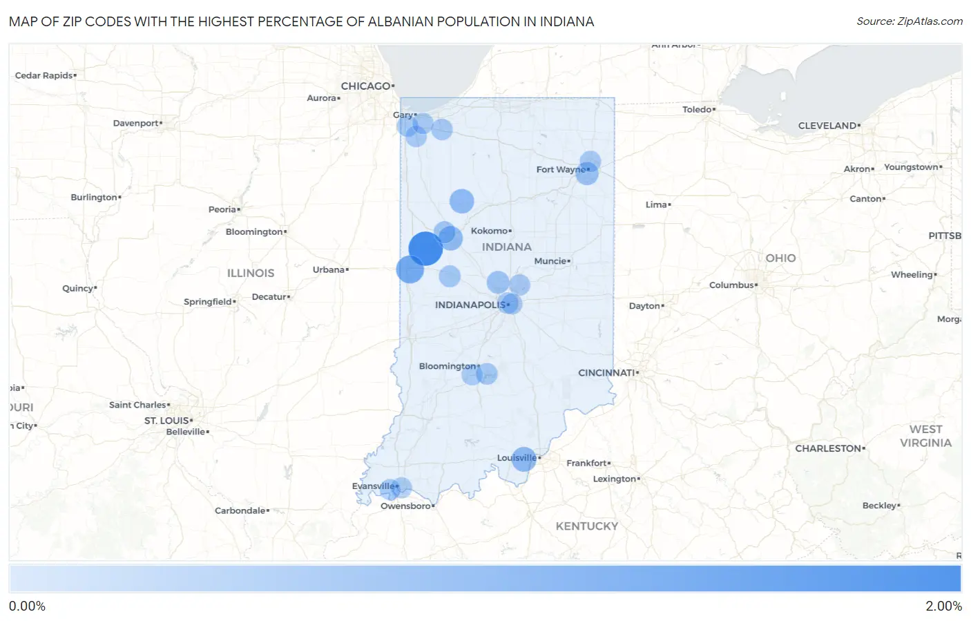 Zip Codes with the Highest Percentage of Albanian Population in Indiana Map