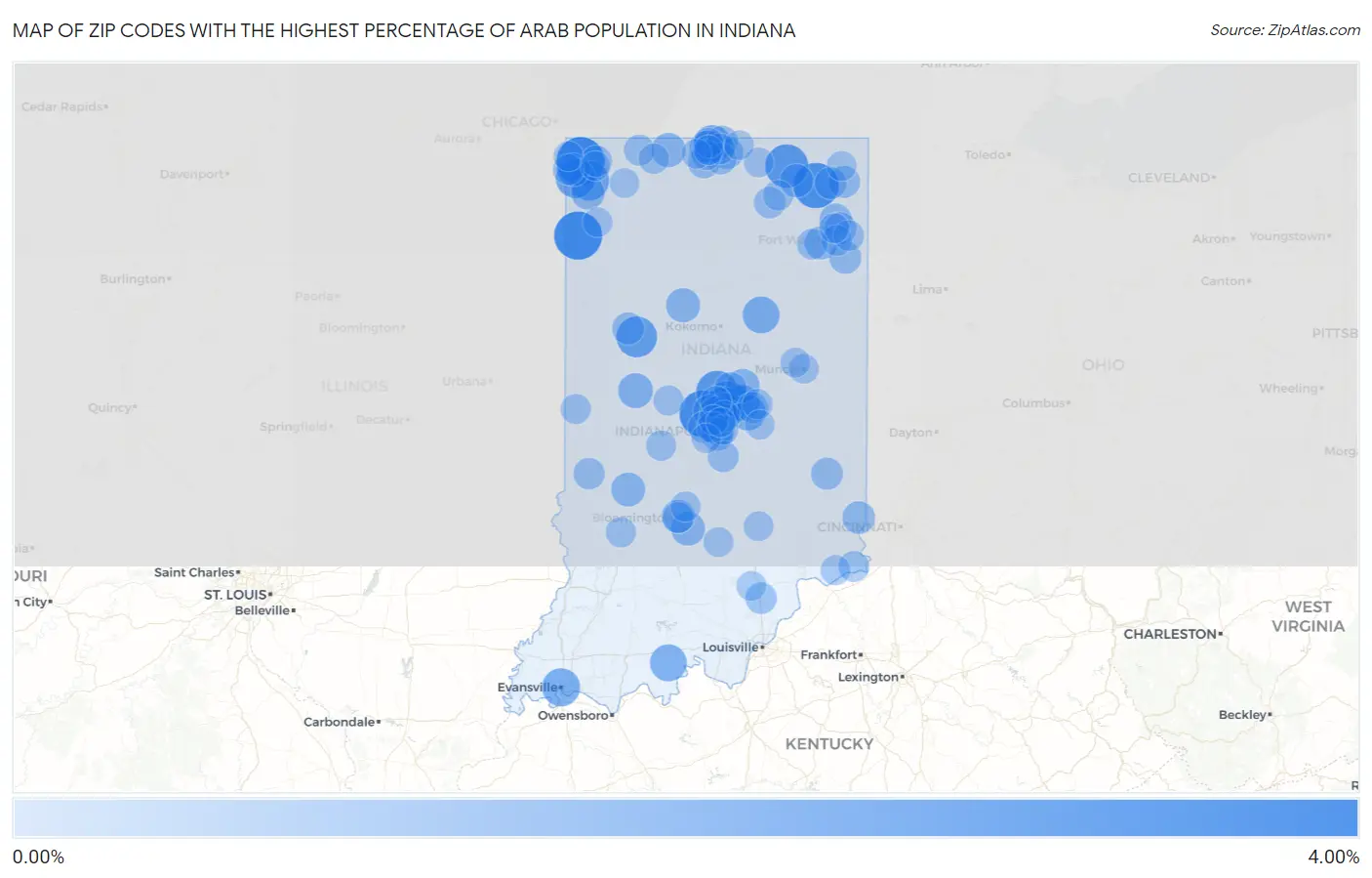 Zip Codes with the Highest Percentage of Arab Population in Indiana Map