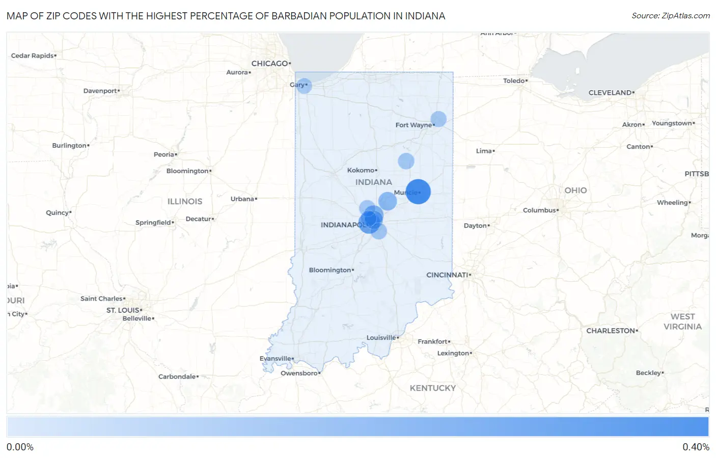 Zip Codes with the Highest Percentage of Barbadian Population in Indiana Map