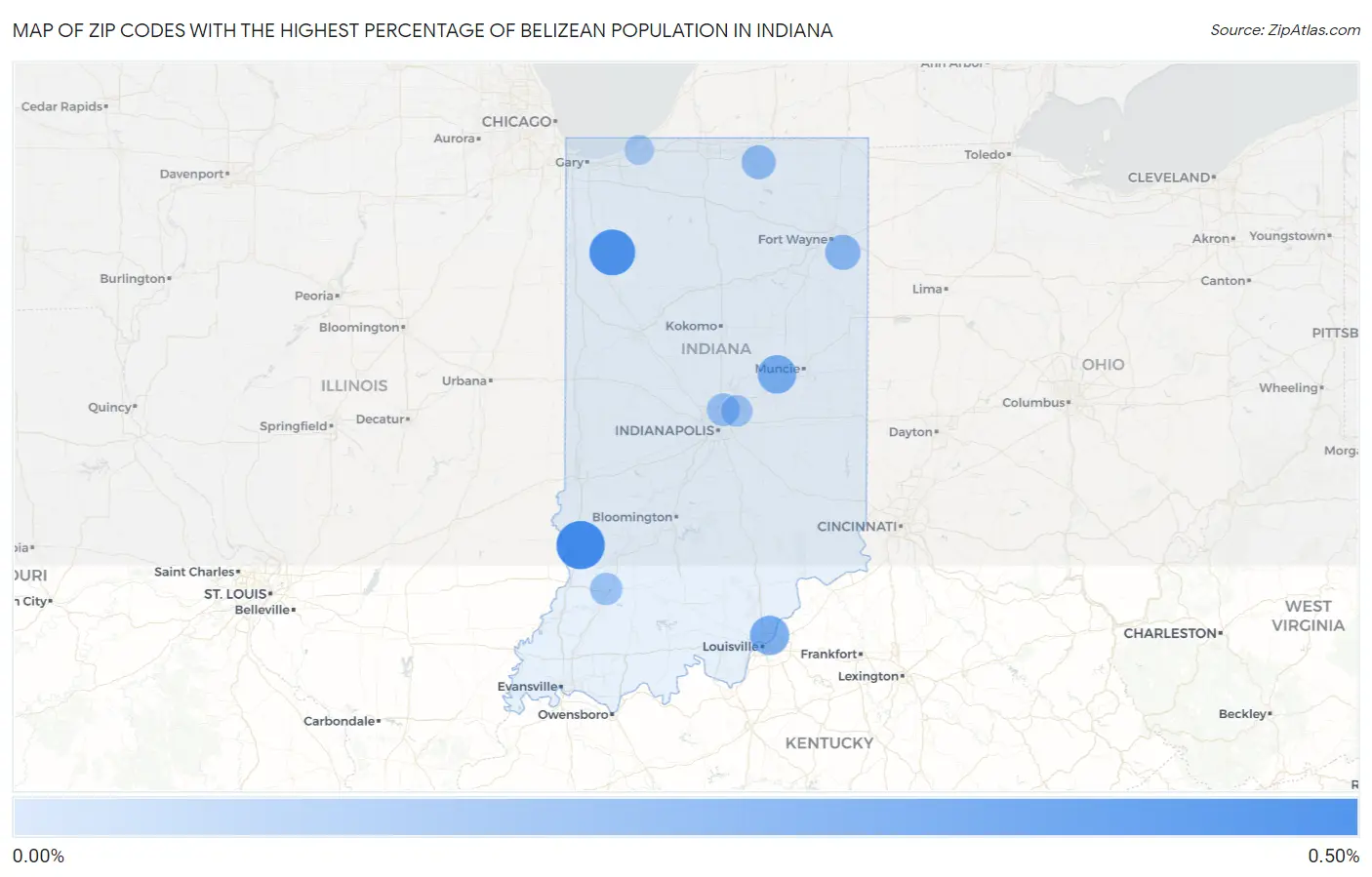 Zip Codes with the Highest Percentage of Belizean Population in Indiana Map