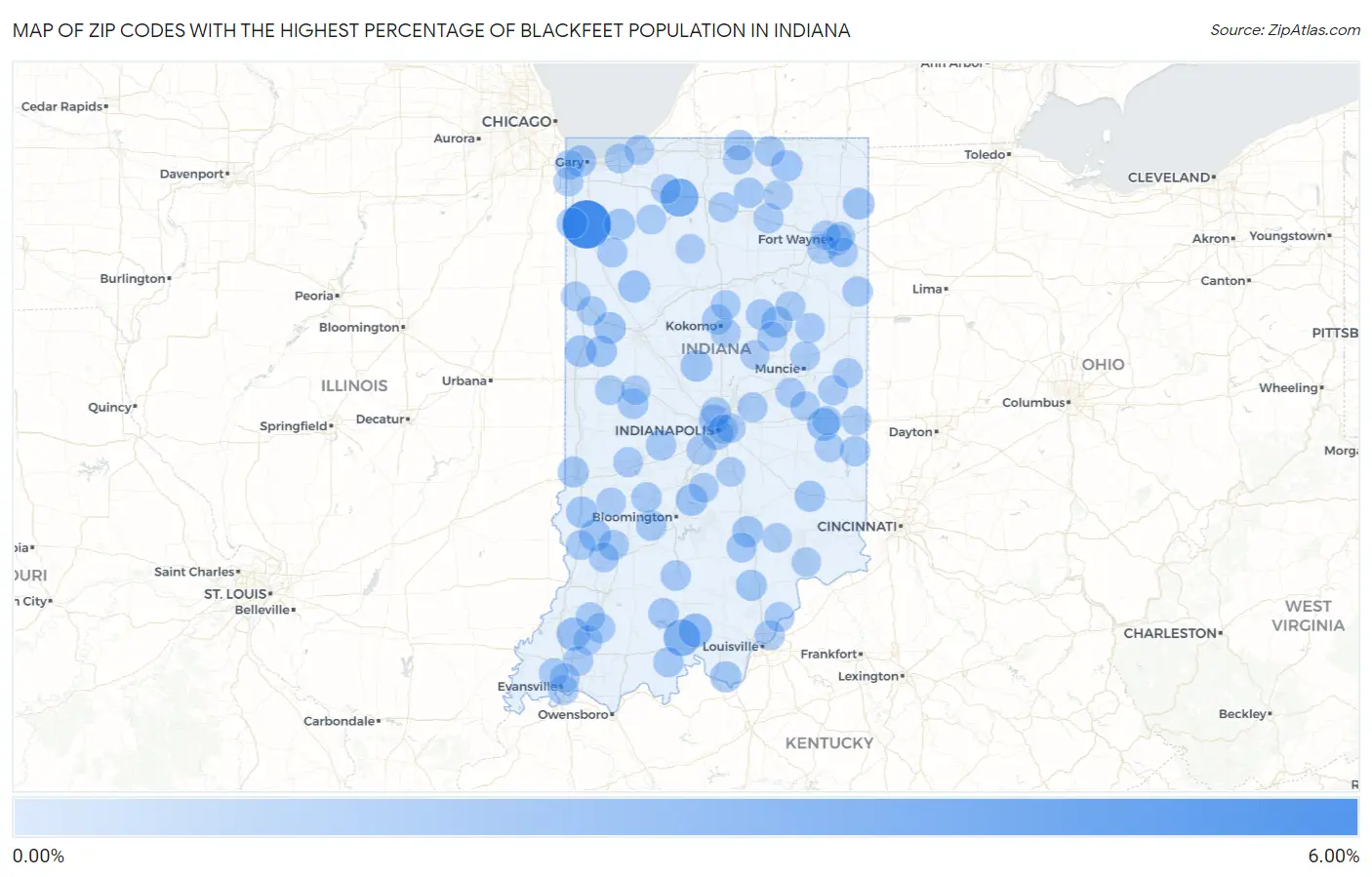 Zip Codes with the Highest Percentage of Blackfeet Population in Indiana Map