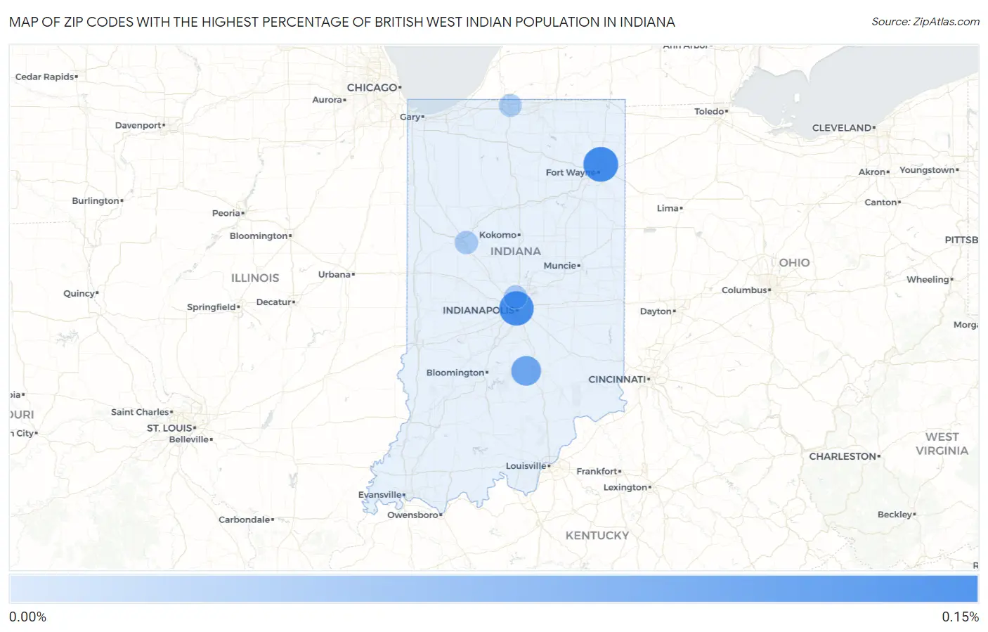 Zip Codes with the Highest Percentage of British West Indian Population in Indiana Map
