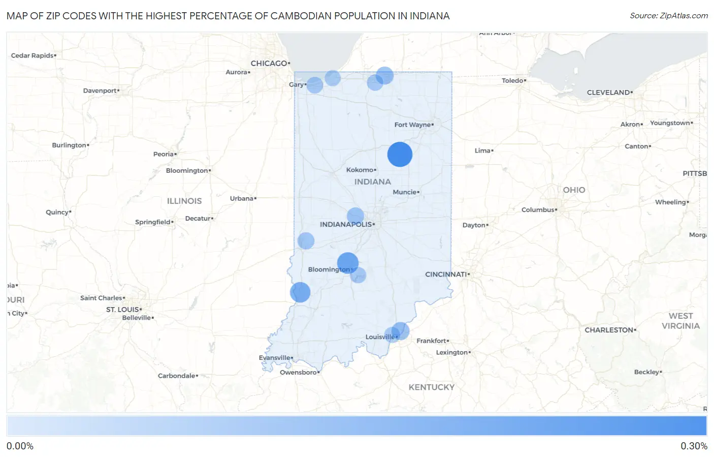 Zip Codes with the Highest Percentage of Cambodian Population in Indiana Map