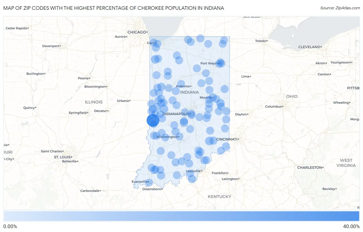 Zip Codes with the Highest Percentage of Cherokee Population in Indiana Map