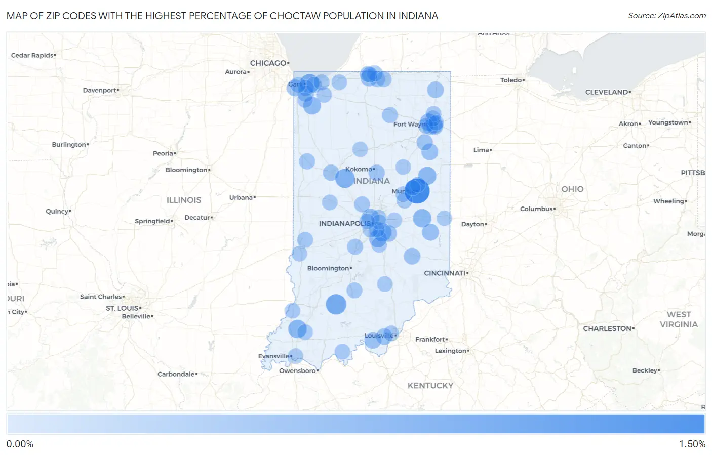 Zip Codes with the Highest Percentage of Choctaw Population in Indiana Map