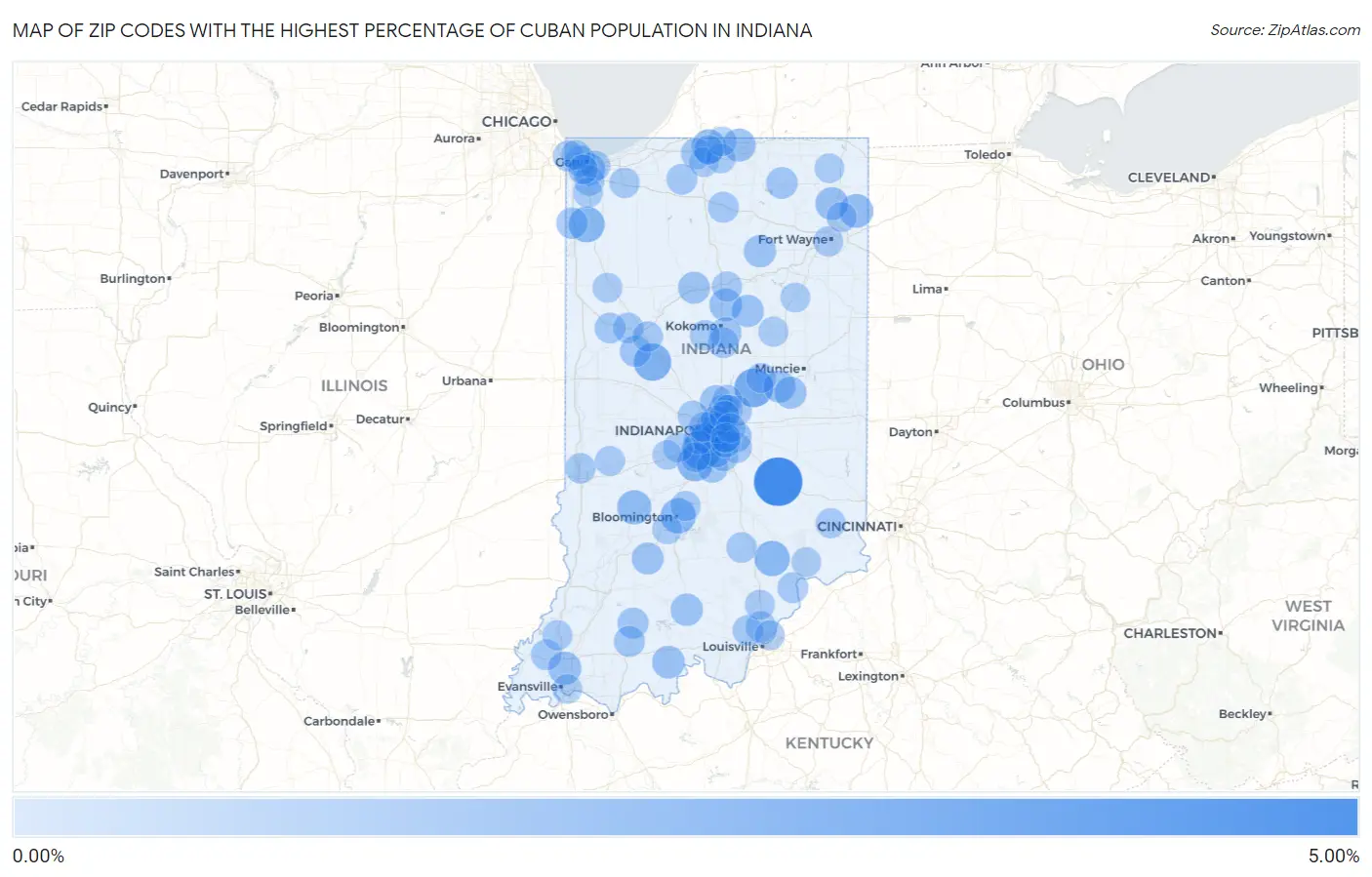 Zip Codes with the Highest Percentage of Cuban Population in Indiana Map