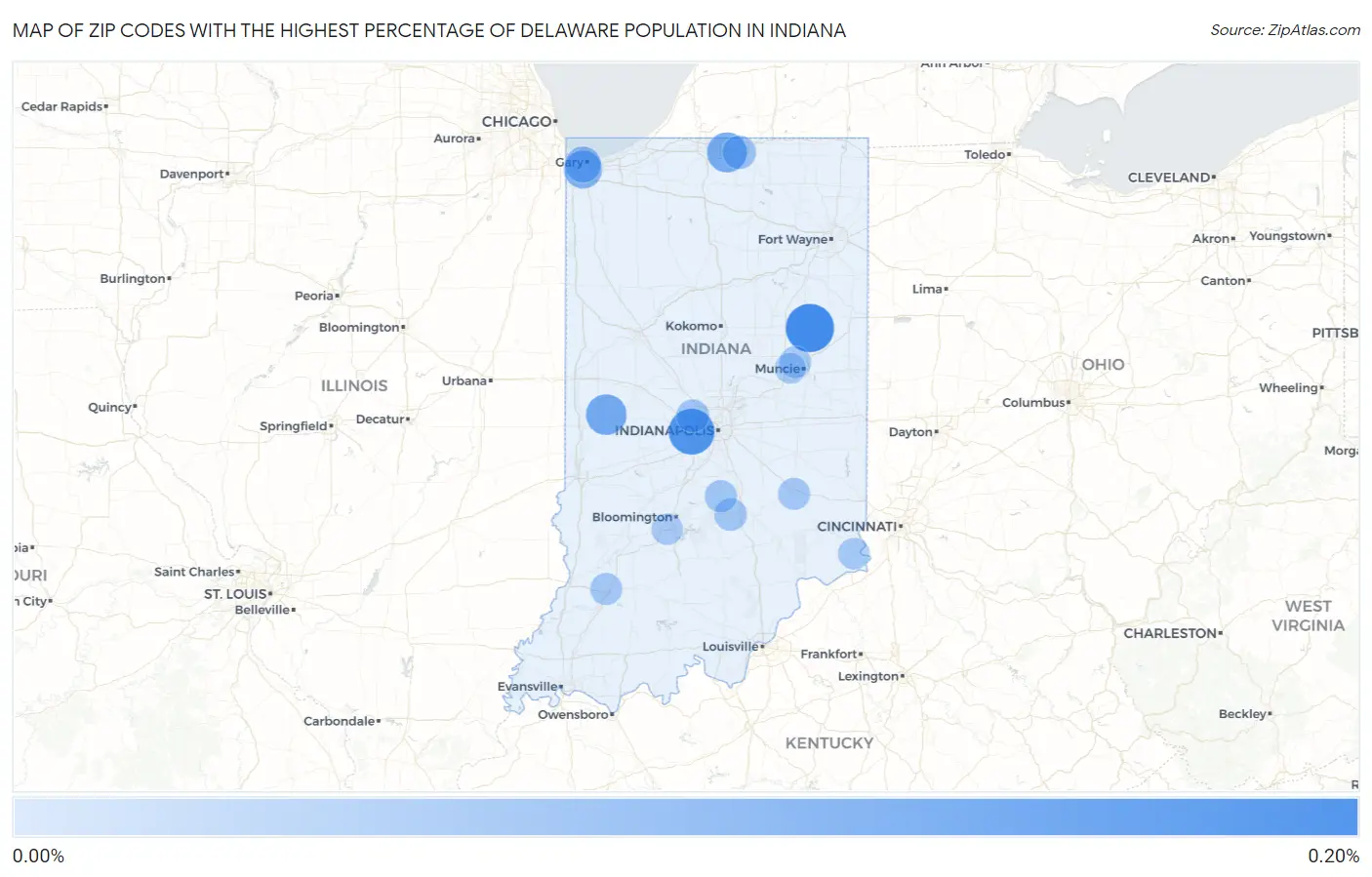 Zip Codes with the Highest Percentage of Delaware Population in Indiana Map