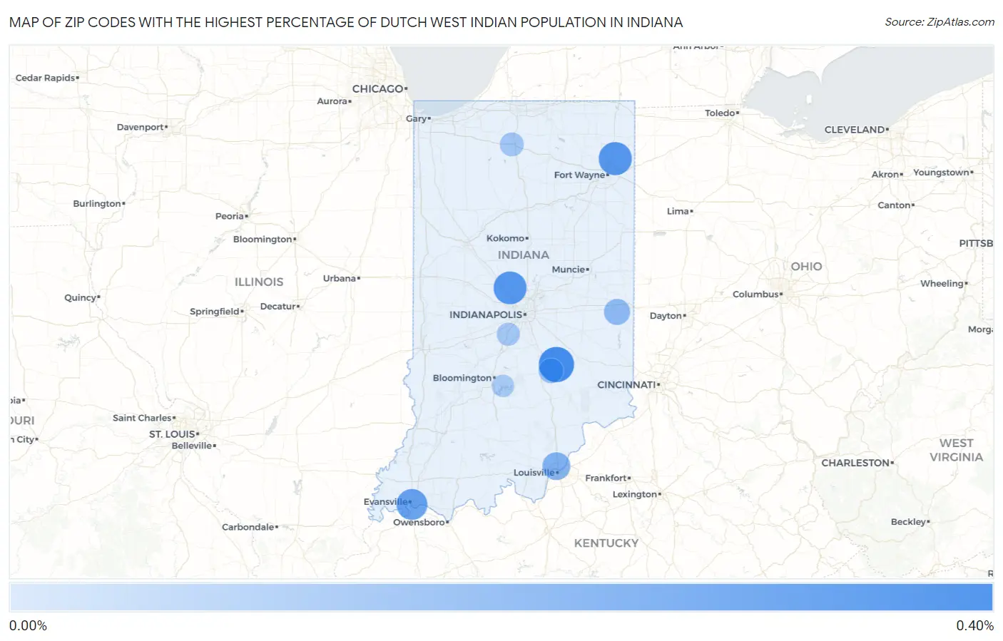 Zip Codes with the Highest Percentage of Dutch West Indian Population in Indiana Map