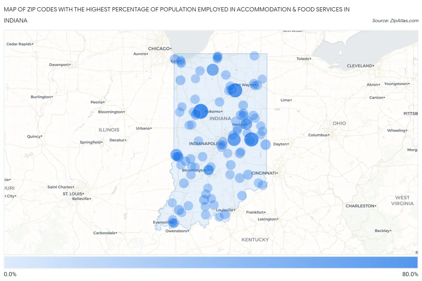 Zip Codes with the Highest Percentage of Population Employed in Accommodation & Food Services in Indiana Map