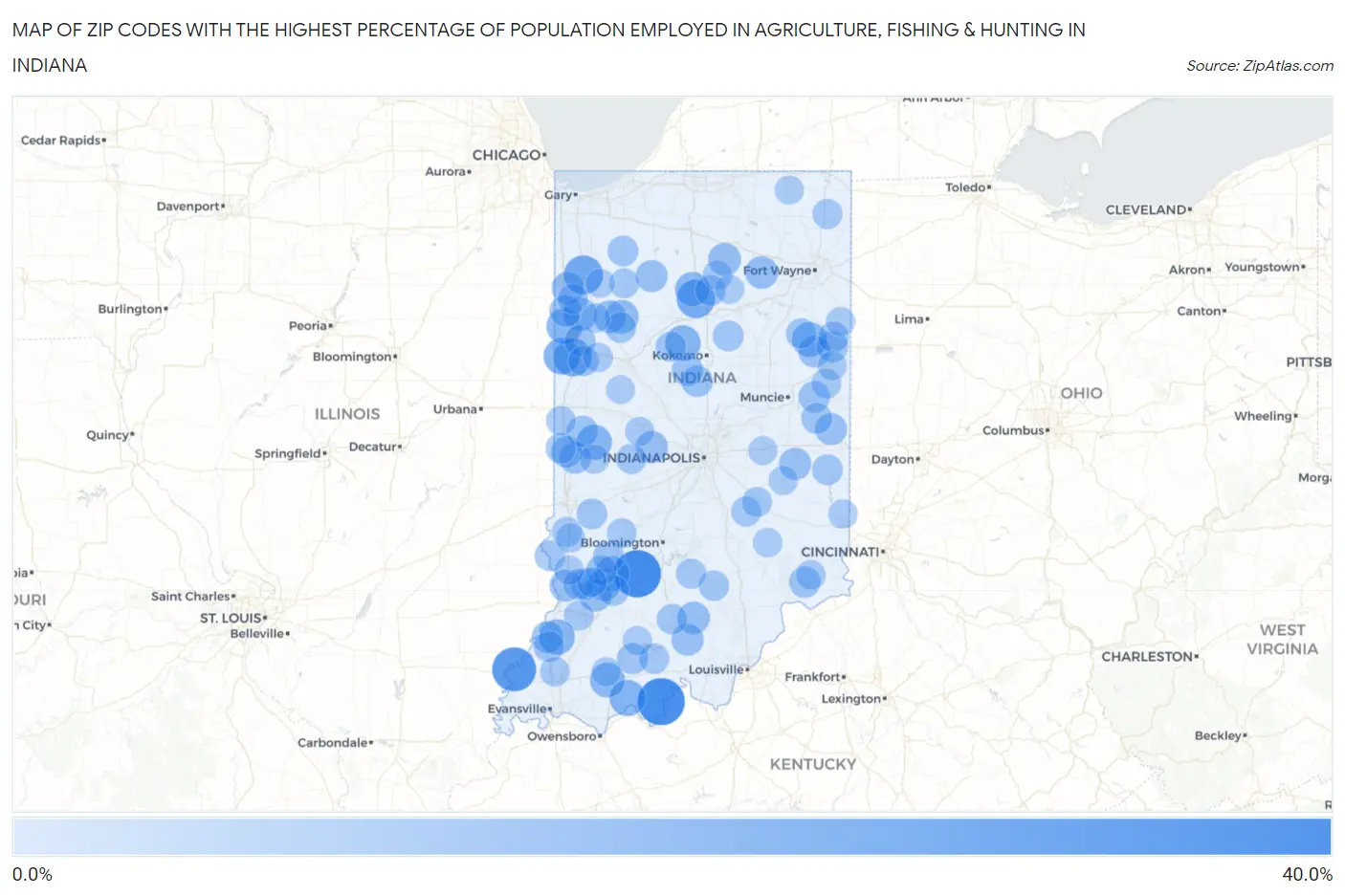 Zip Codes with the Highest Percentage of Population Employed in Agriculture, Fishing & Hunting in Indiana Map
