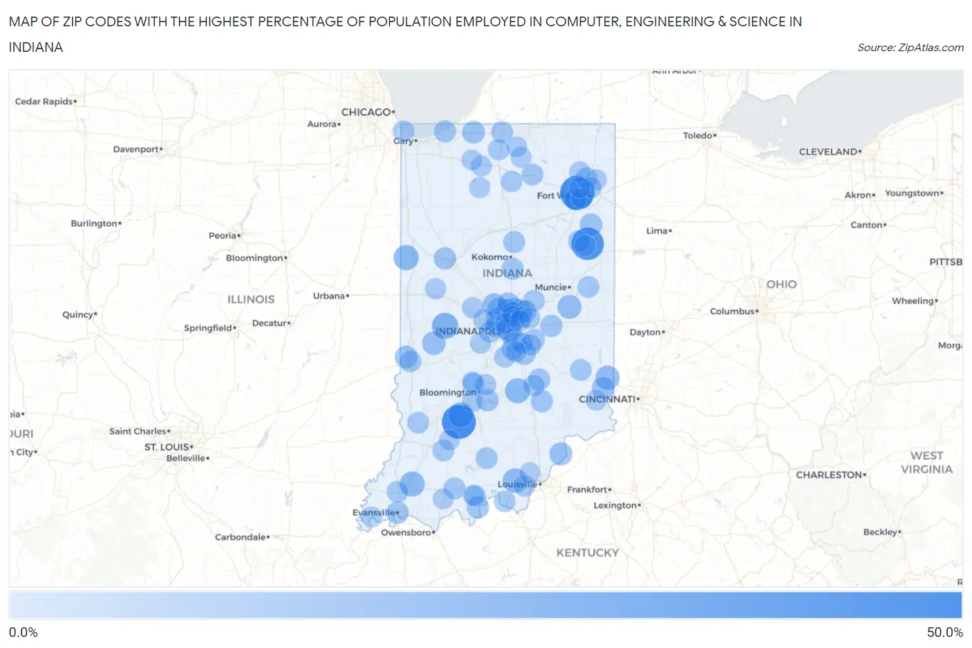 Zip Codes with the Highest Percentage of Population Employed in Computer, Engineering & Science in Indiana Map