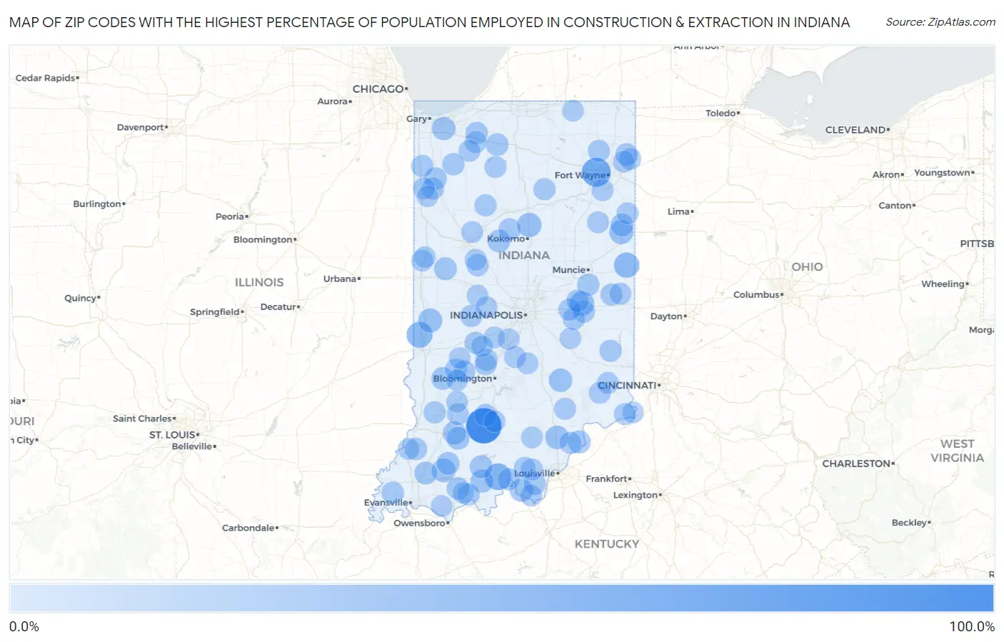 Zip Codes with the Highest Percentage of Population Employed in Construction & Extraction in Indiana Map