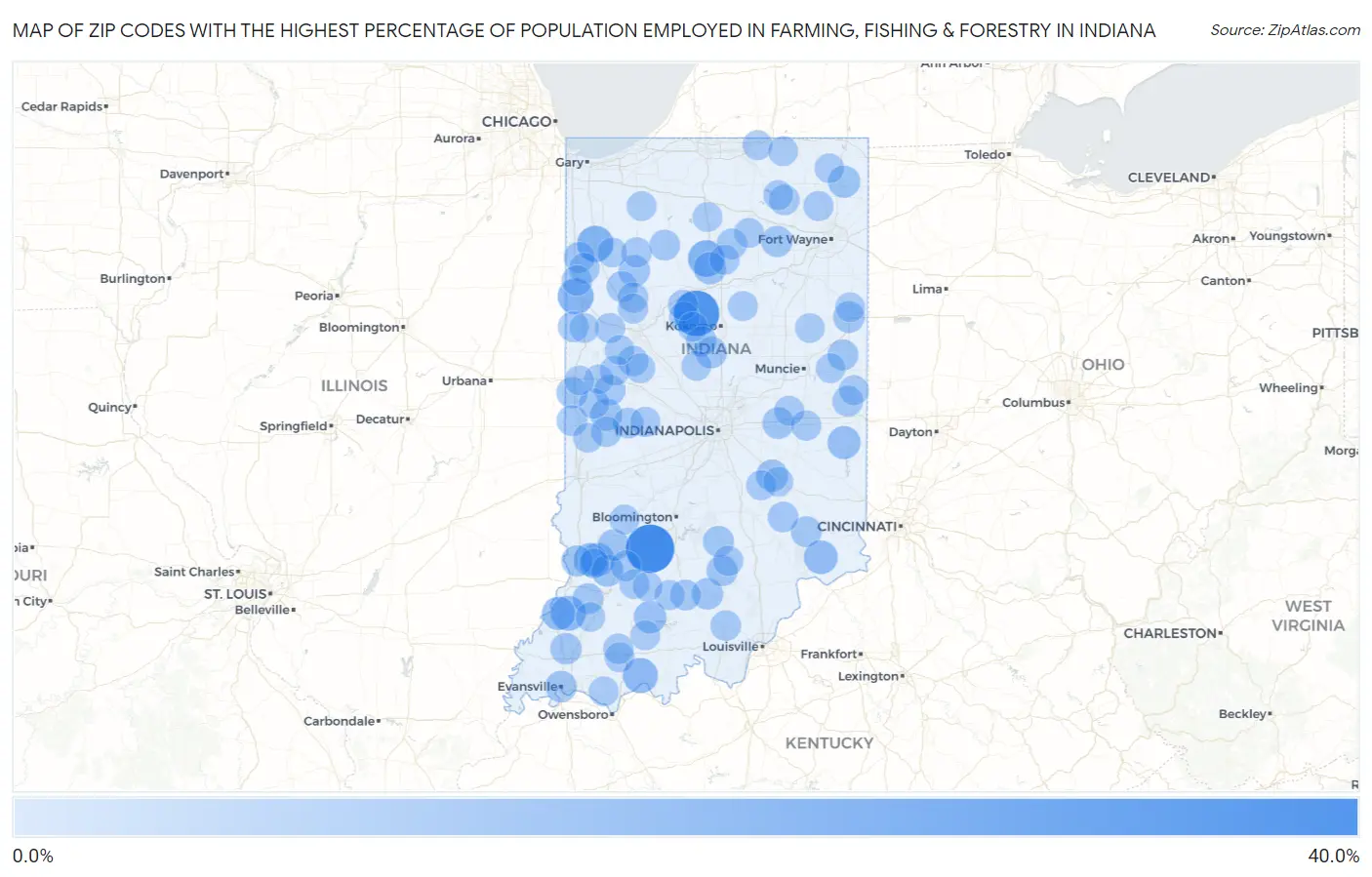 Zip Codes with the Highest Percentage of Population Employed in Farming, Fishing & Forestry in Indiana Map
