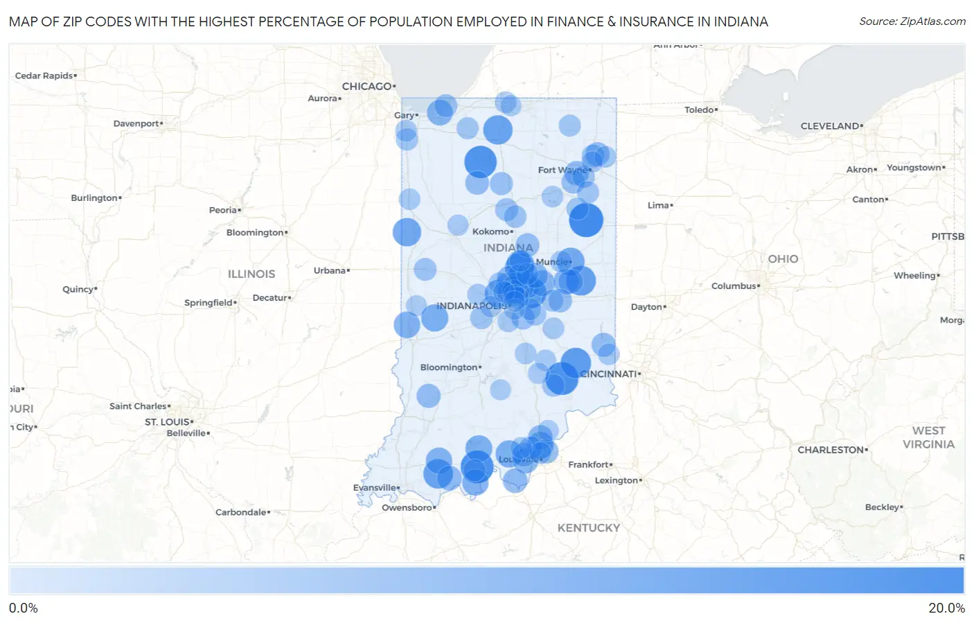 Zip Codes with the Highest Percentage of Population Employed in Finance & Insurance in Indiana Map