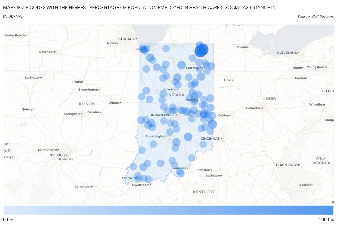 Zip Codes with the Highest Percentage of Population Employed in Health Care & Social Assistance in Indiana Map