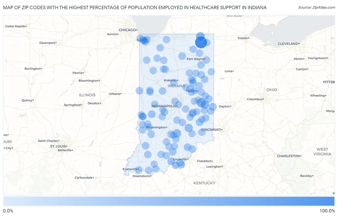 Zip Codes with the Highest Percentage of Population Employed in Healthcare Support in Indiana Map