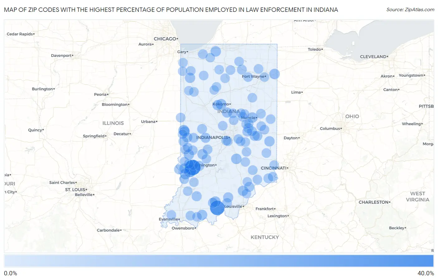 Zip Codes with the Highest Percentage of Population Employed in Law Enforcement in Indiana Map