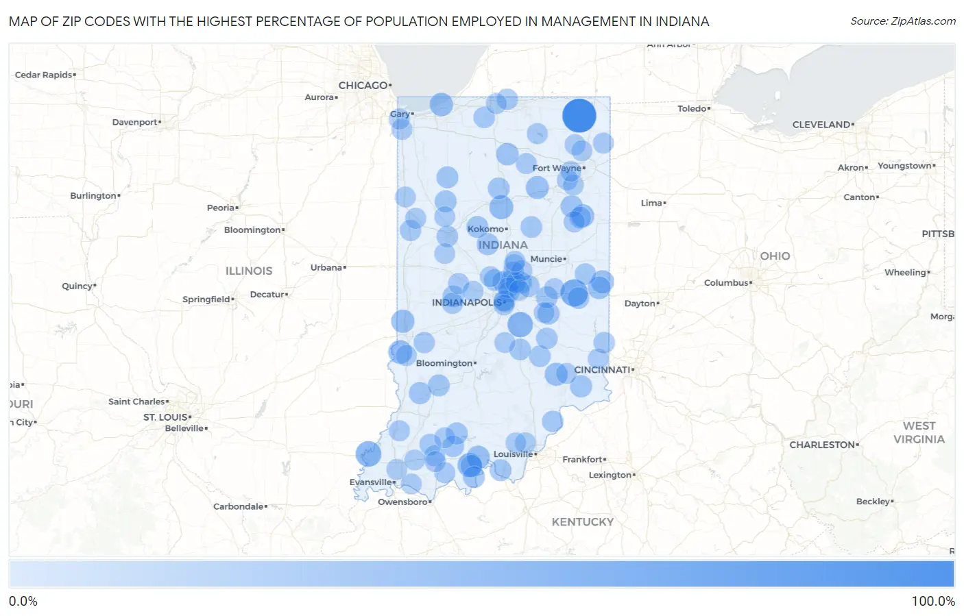 Zip Codes with the Highest Percentage of Population Employed in Management in Indiana Map