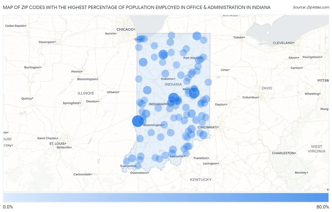 Zip Codes with the Highest Percentage of Population Employed in Office & Administration in Indiana Map