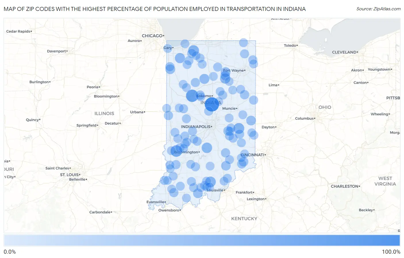Zip Codes with the Highest Percentage of Population Employed in Transportation in Indiana Map