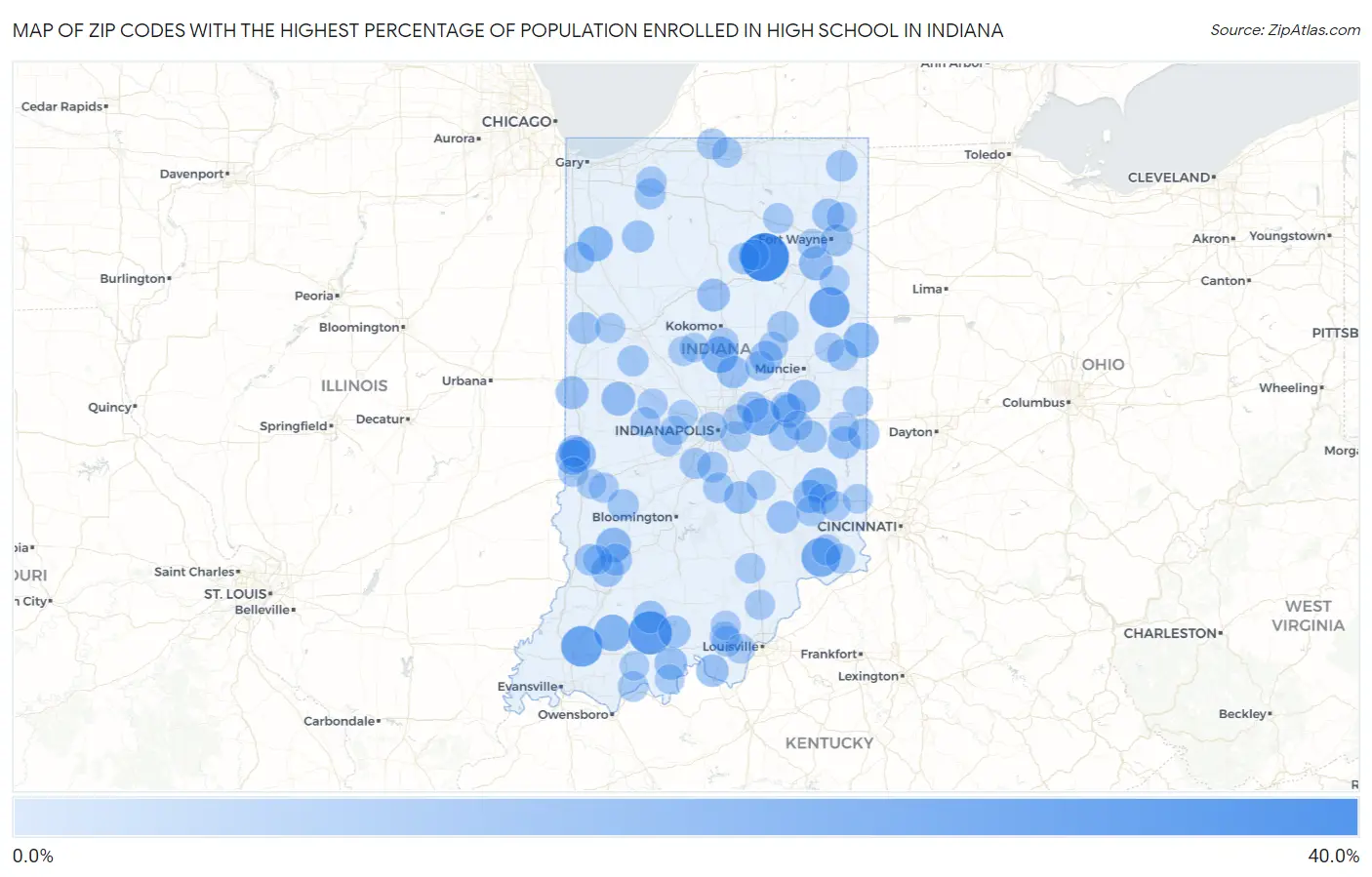 Zip Codes with the Highest Percentage of Population Enrolled in High School in Indiana Map